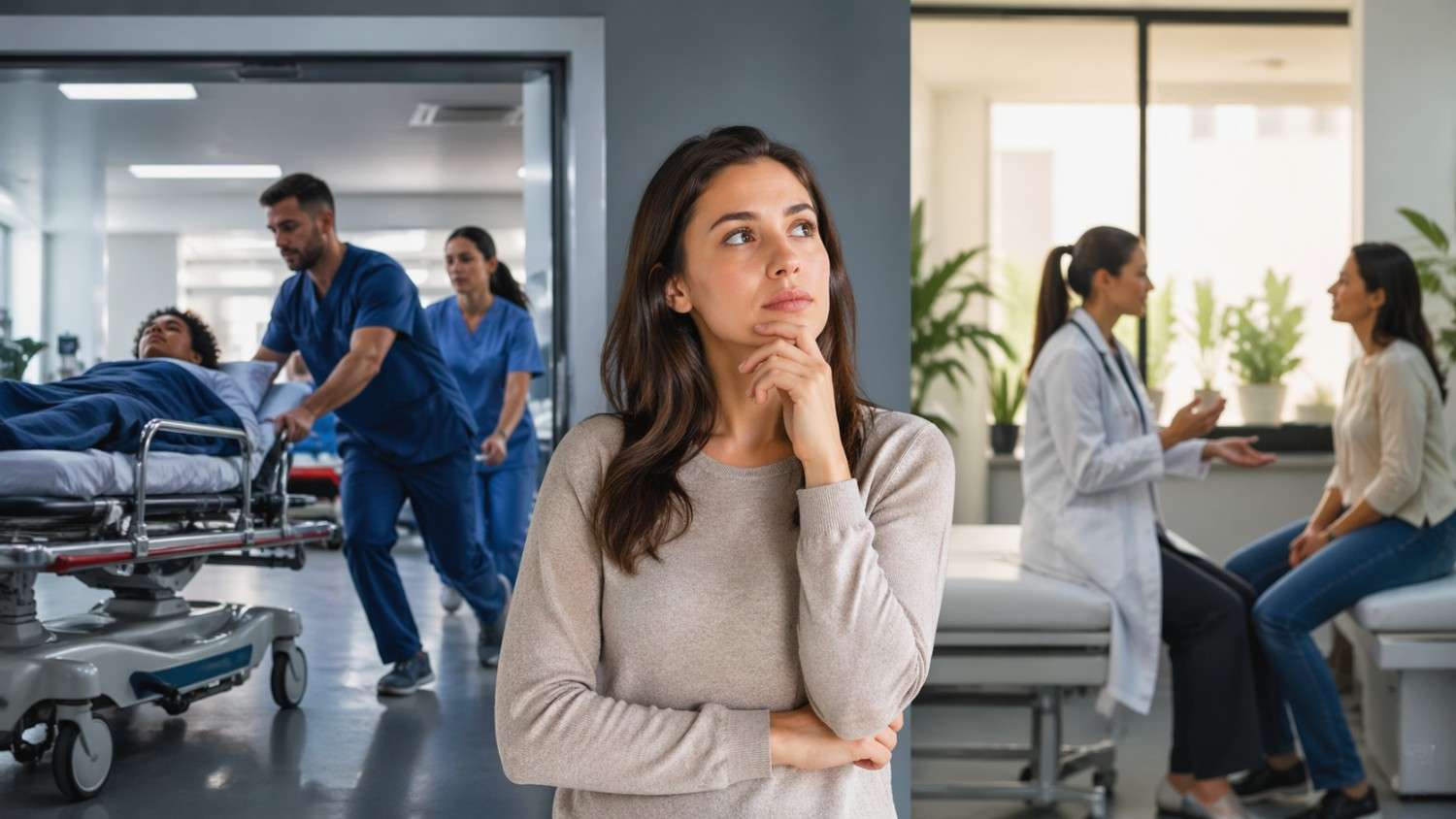 Woman thinking about healthcare choice between emergency care and doctor consultation.