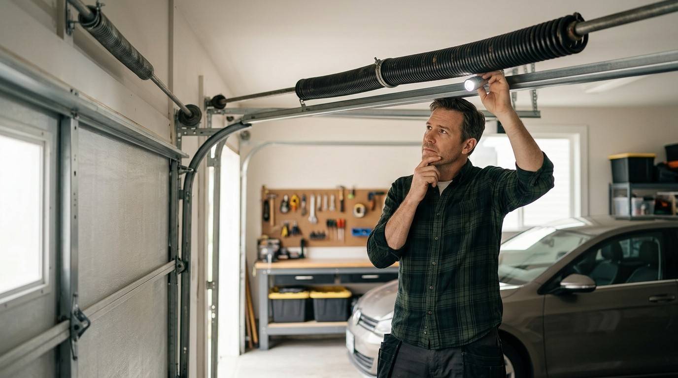 A man examines a garage door torsion spring with a flashlight, assessing its condition.