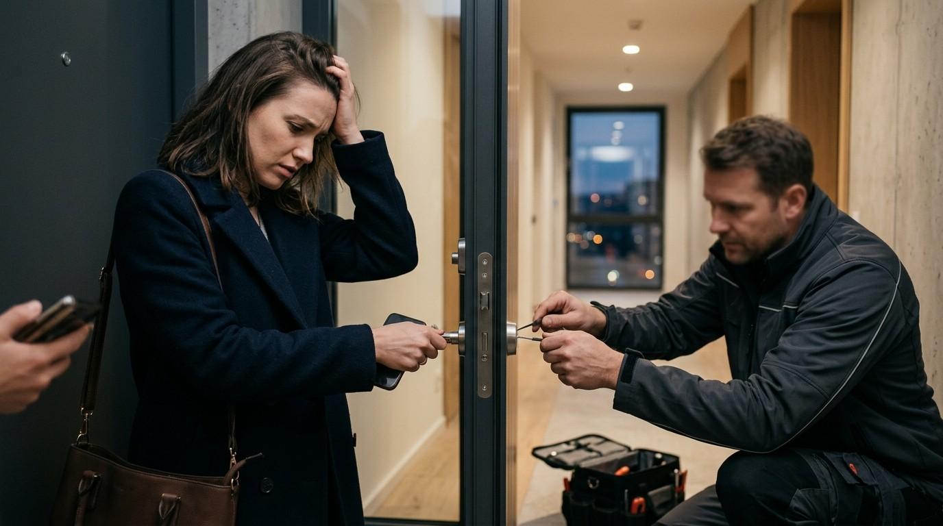 A locksmith assists a stressed homeowner locked out of an apartment building after hours.