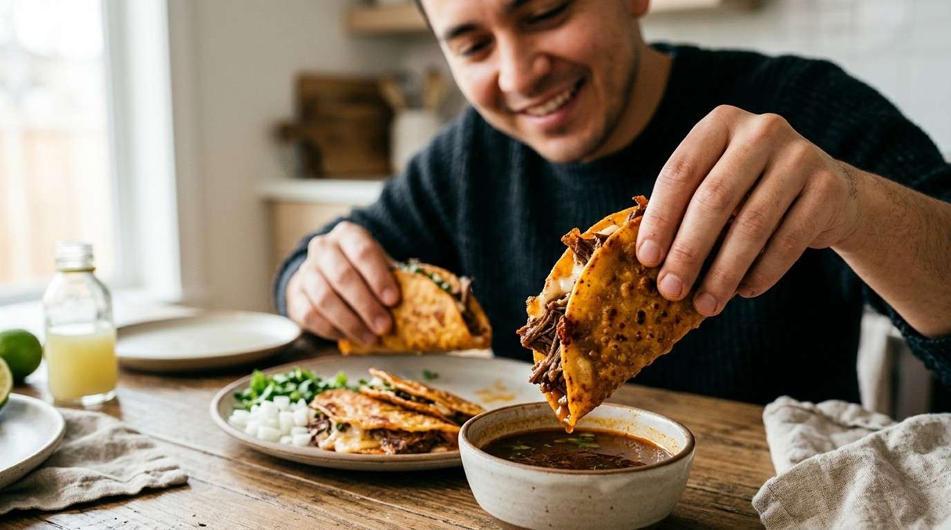 A crispy birria taco dipped into rich consommé, served with fresh cilantro, onions, and lime on a wooden board.