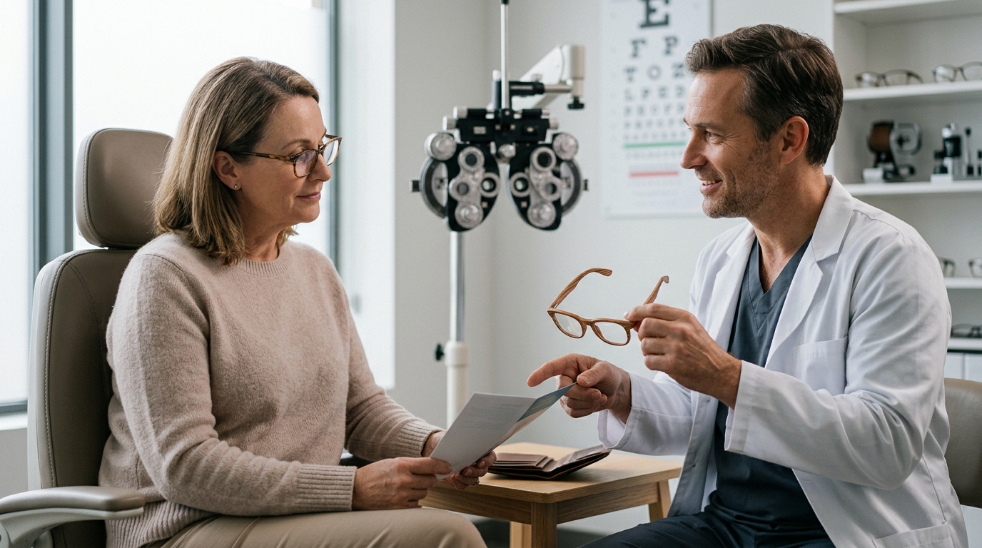 An eye doctor discusses vision exam results and eyewear options with a patient during a consultation in a modern optometry clinic.