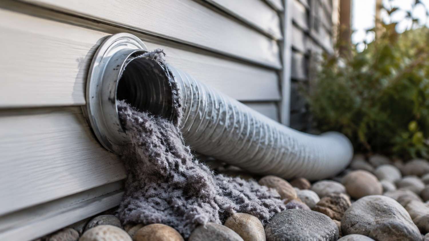 Lint overflowing from an exterior dryer vent.