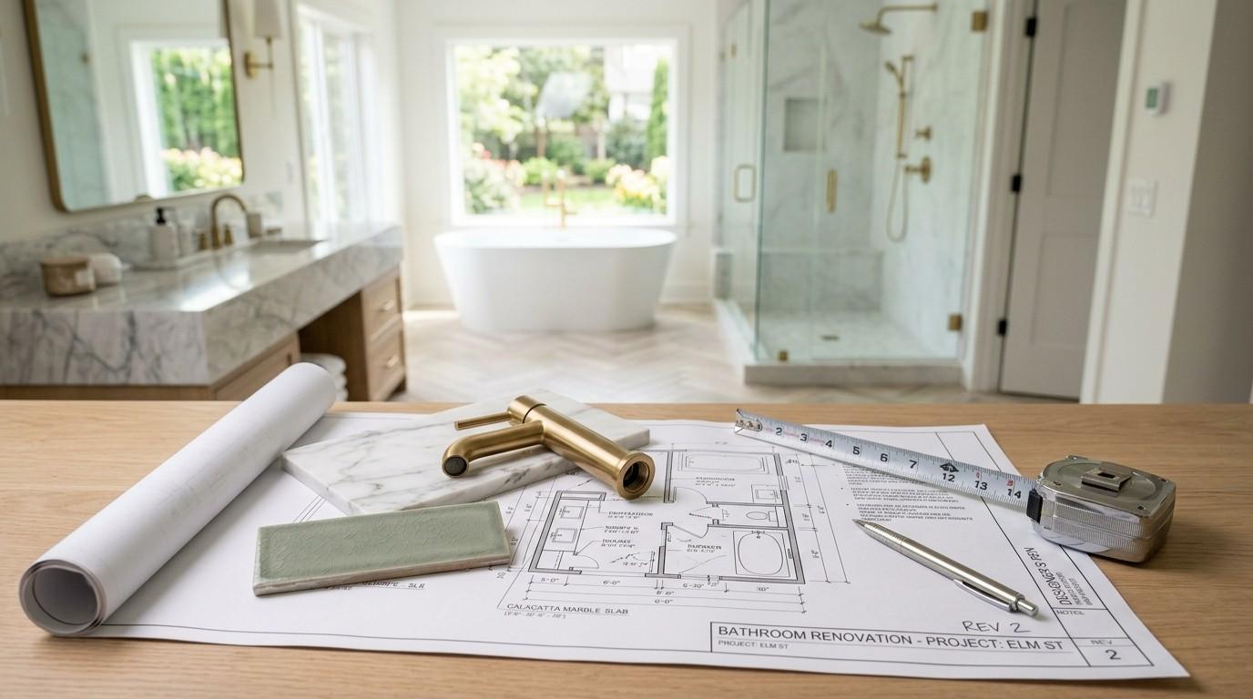 Bathroom renovation plans with faucet, tile samples, tape measure, and design materials displayed in a modern luxury bathroom.