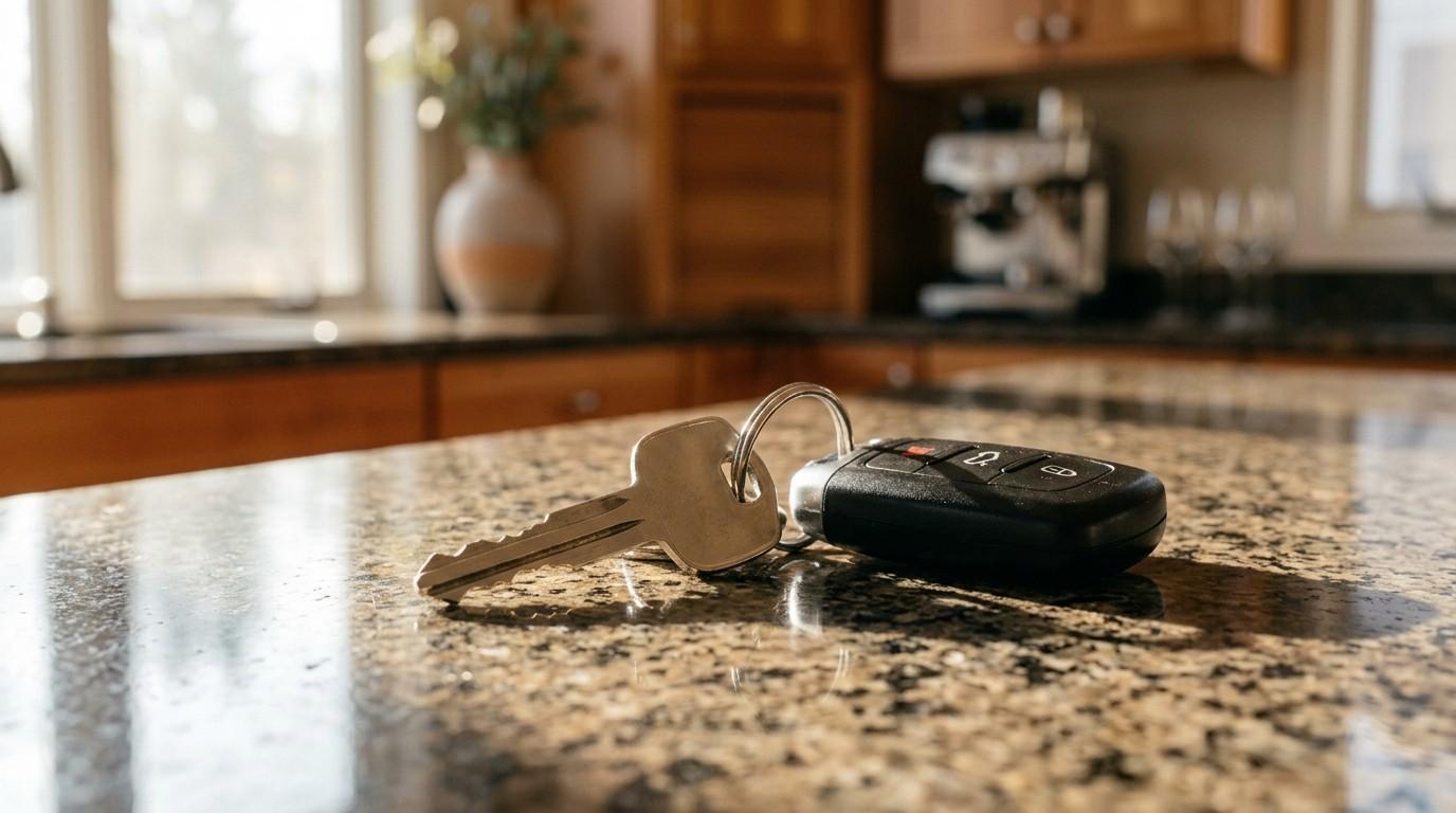 Car key and remote fob on a kitchen countertop.