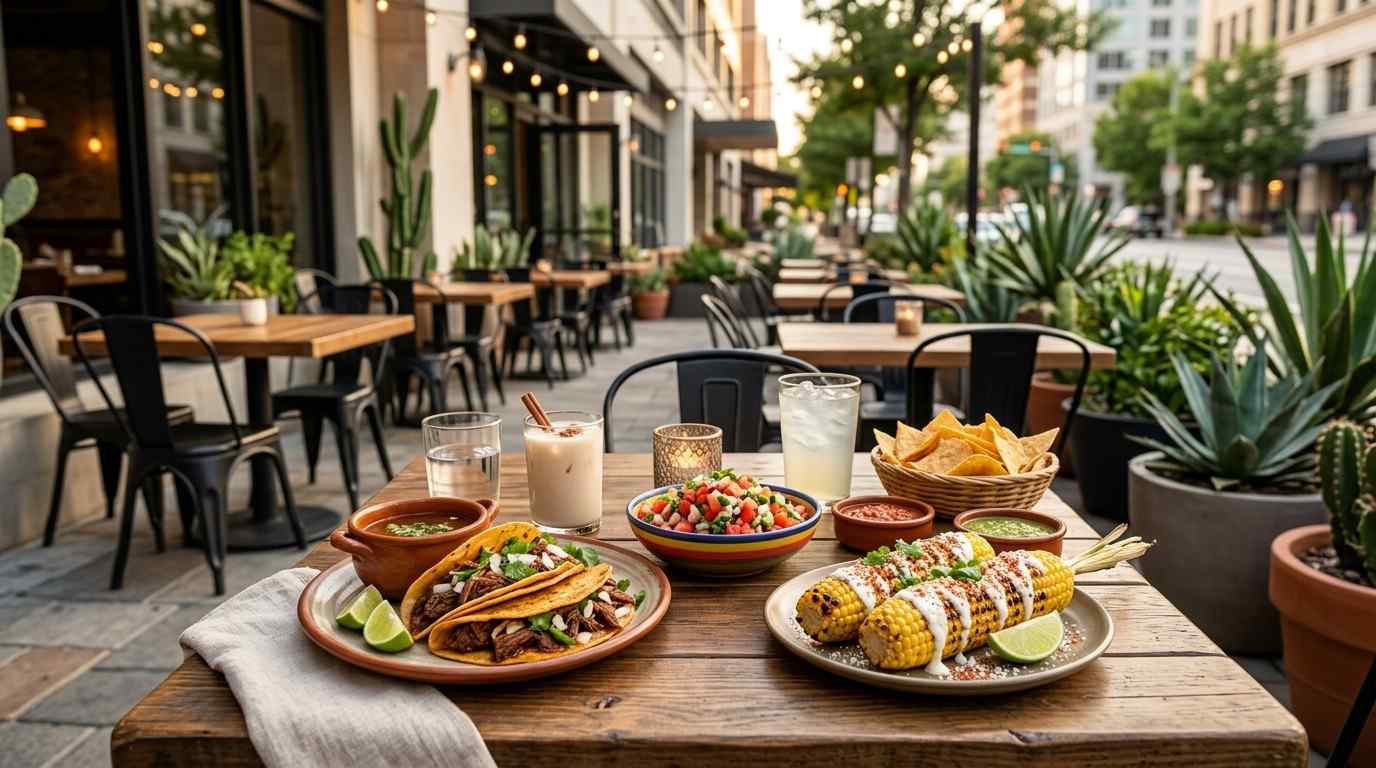 Outdoor Halal Mexican dining with tacos, elote, salsa, chips, and refreshing drinks on a patio table.