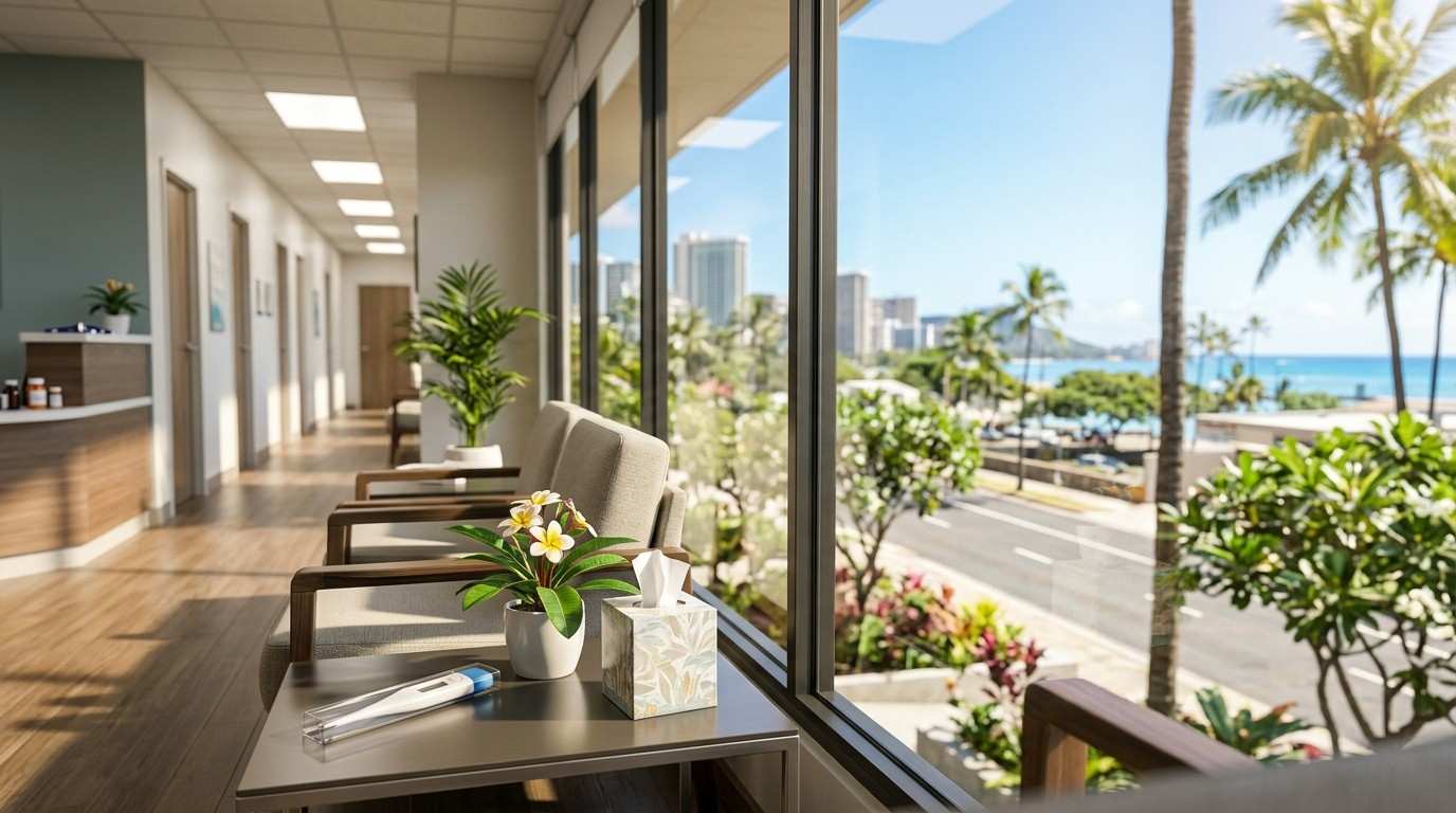 Modern Honolulu urgent care waiting area with ocean views and comfortable patient seating.