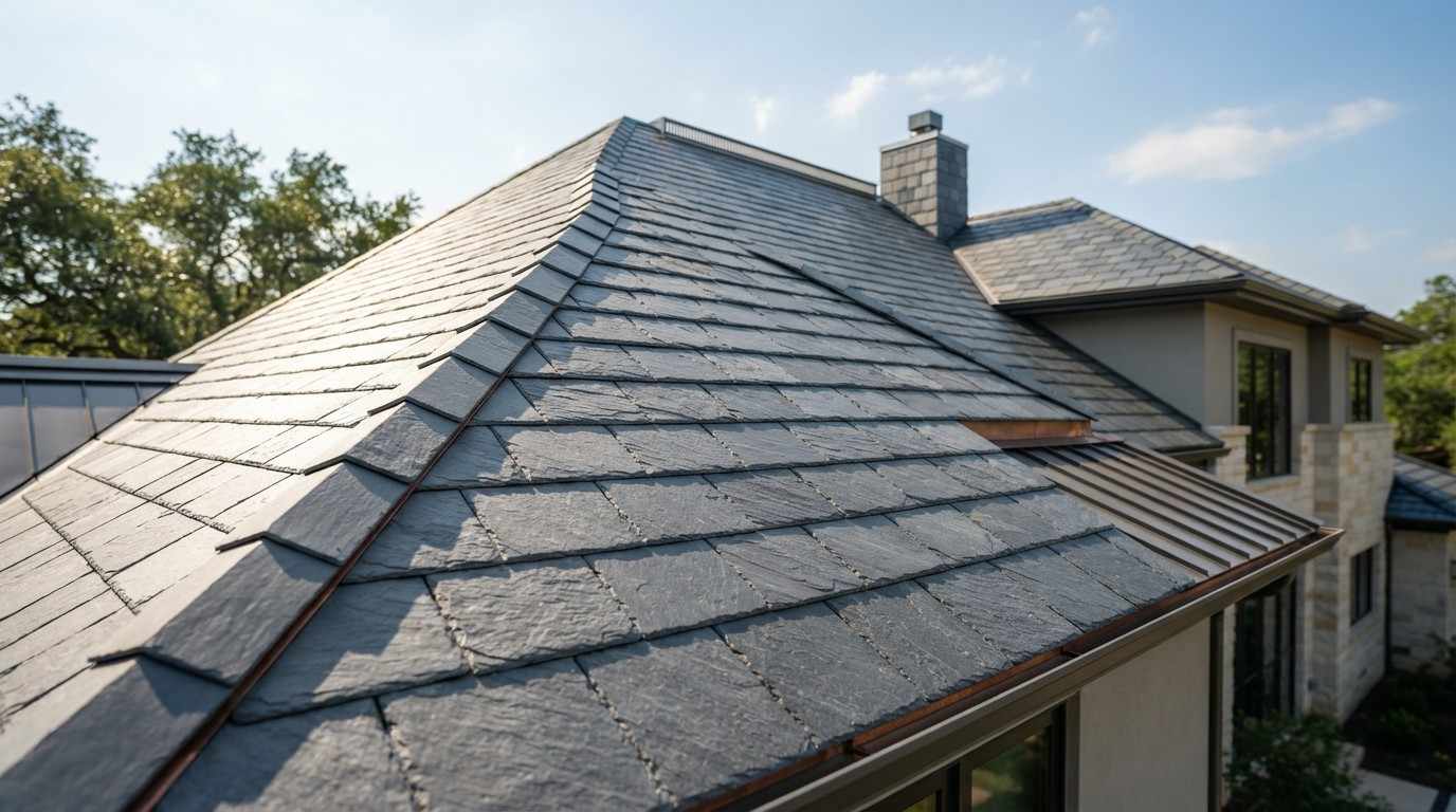 Natural slate roof installed on a modern luxury home with durable premium roofing