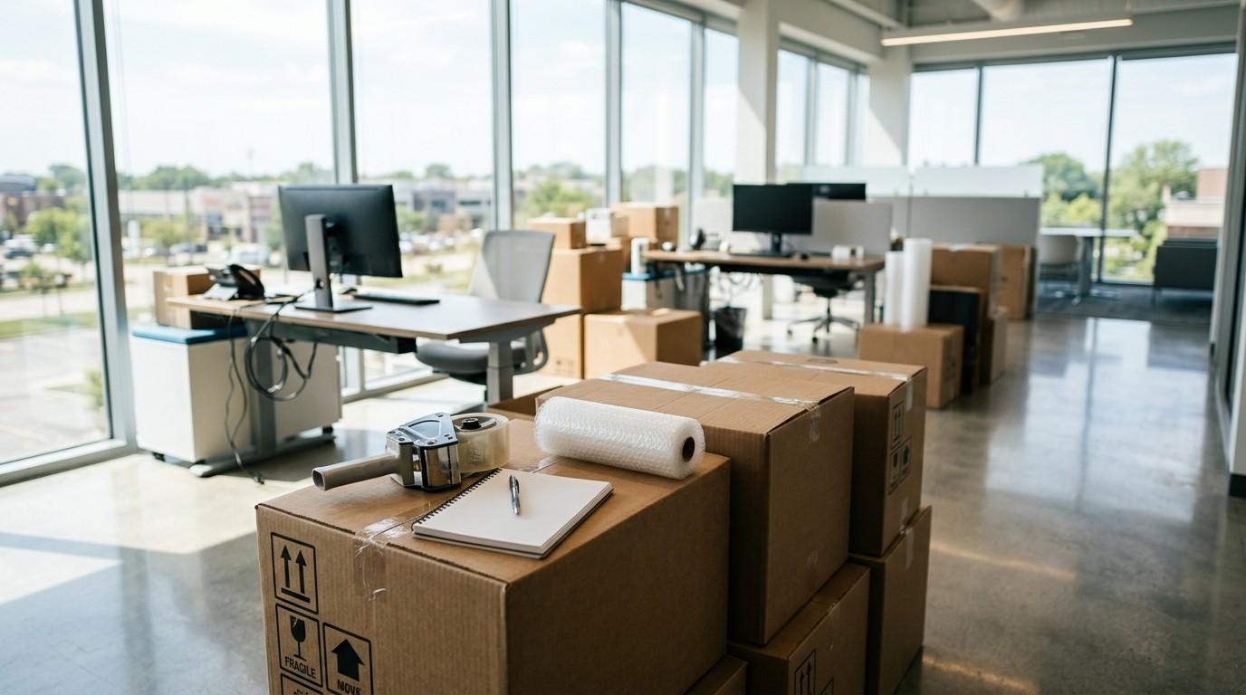 Cardboard moving boxes and packing supplies arranged throughout a bright modern office during an office relocation.