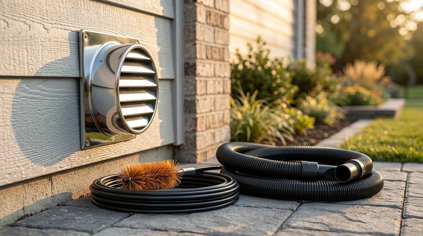 Exterior dryer vent with professional cleaning hose and rotary brush equipment positioned beside a residential home.